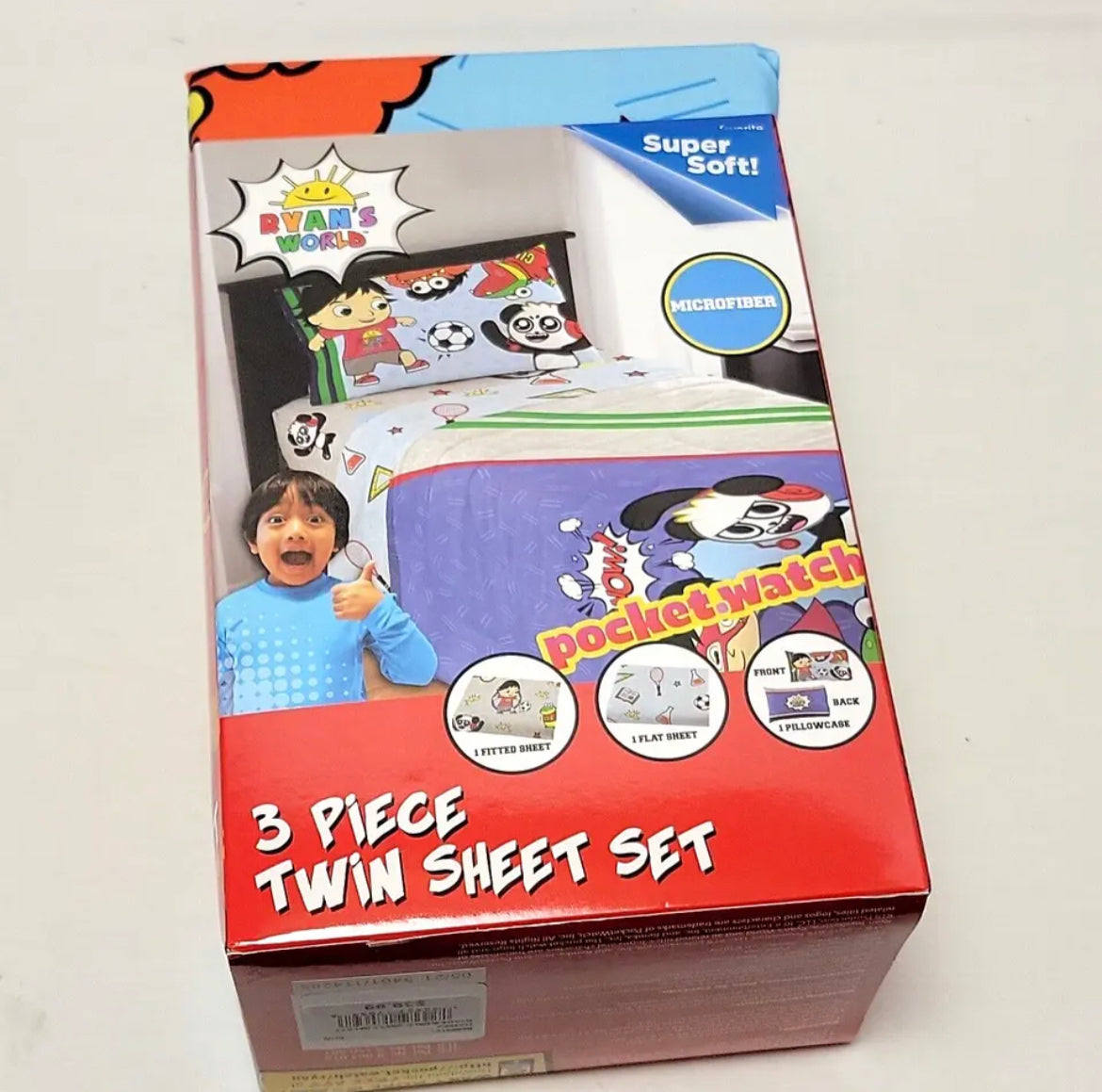 NEW Ryan's World 3 Piece Twin Sheet Set Flat Fitted Pillowcase Microfiber NIB
