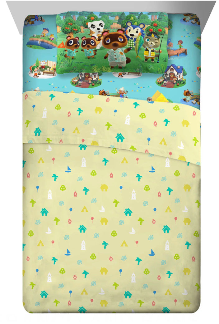 Animal Crossing Kids Full 4 piece Sheet Set, Kids Gaming, Yellow and Blue, Nintendo