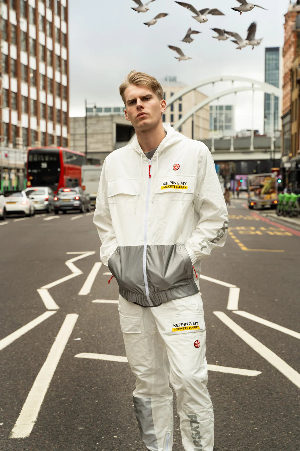 Fly Supply {HAPPY POCKETS WINDBREAKER ZIP-UP JACKET} (WHITE)