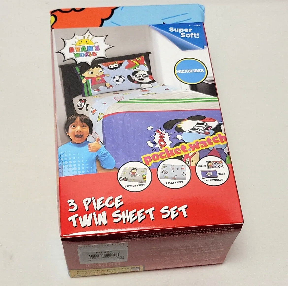 NEW Ryan's World 3 Piece Twin Sheet Set Flat Fitted Pillowcase Microfiber NIB