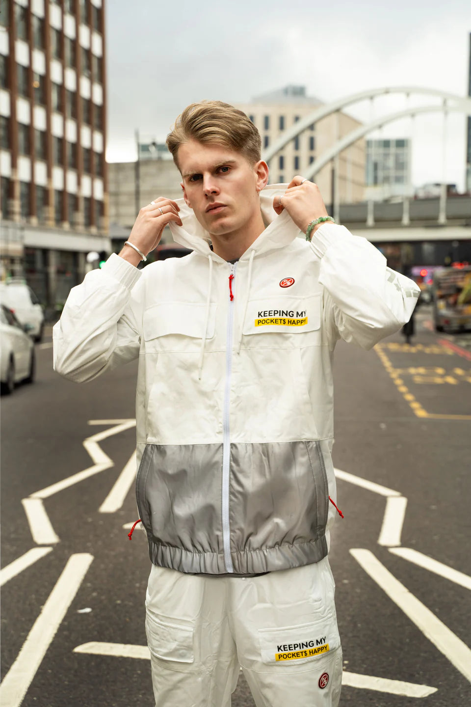 Fly Supply {HAPPY POCKETS WINDBREAKER ZIP-UP JACKET} (WHITE)
