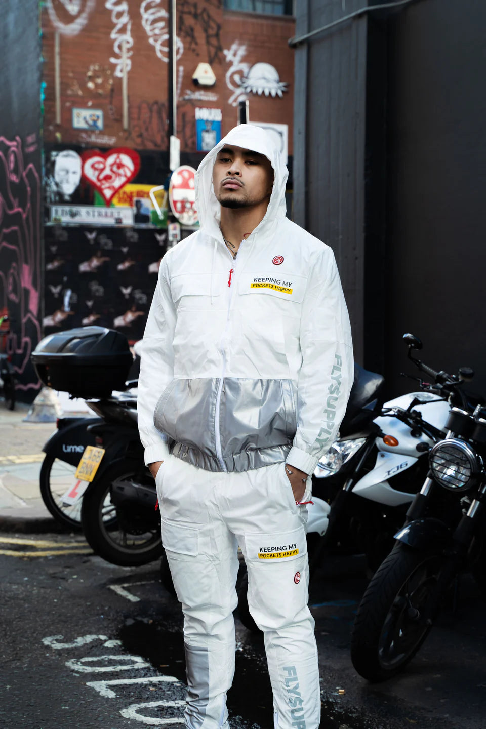 Fly Supply {HAPPY POCKETS WINDBREAKER ZIP-UP JACKET} (WHITE)