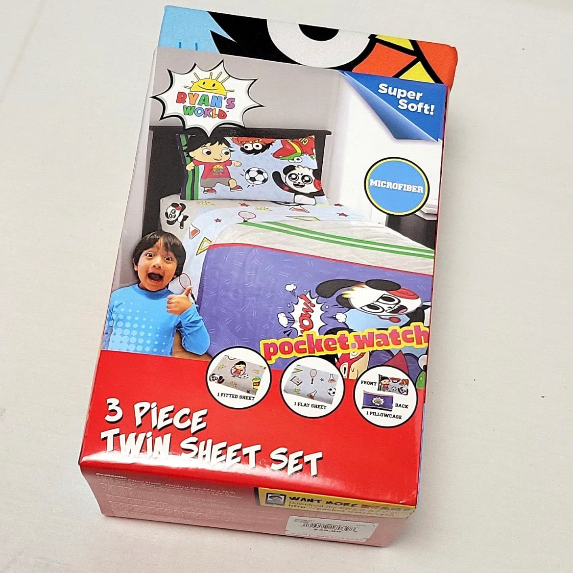 NEW Ryan's World 3 Piece Twin Sheet Set Flat Fitted Pillowcase Microfiber NIB