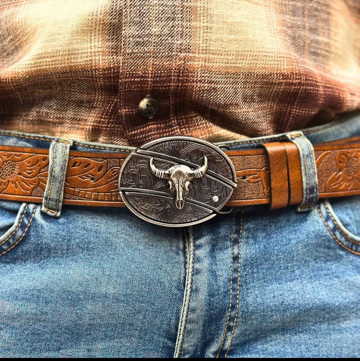C7EATIVE COWBOY Metal Oval Belt Buckle 100% Genuine Leather Belt Included
