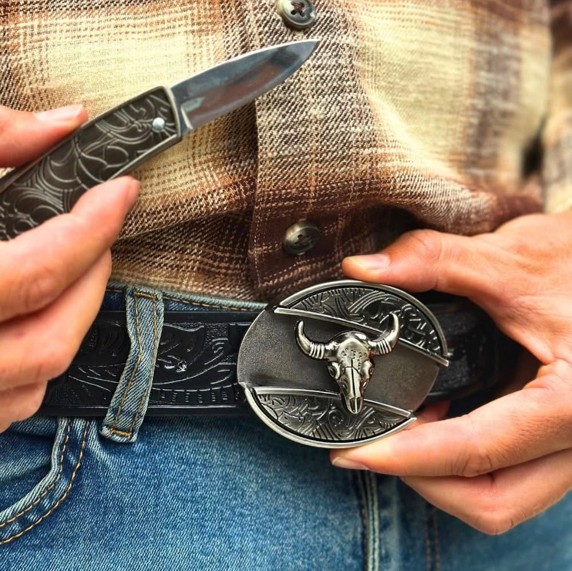 C7EATIVE COWBOY Metal Oval Belt Buckle 100% Genuine Leather Belt Included