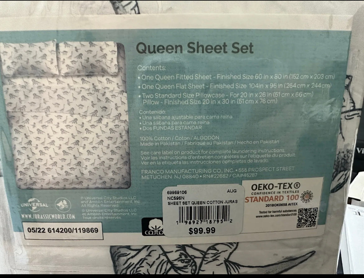 Jurassic World Park Dinosaur Queen 3 Piece Sheet Set Bedding for Kids Adults