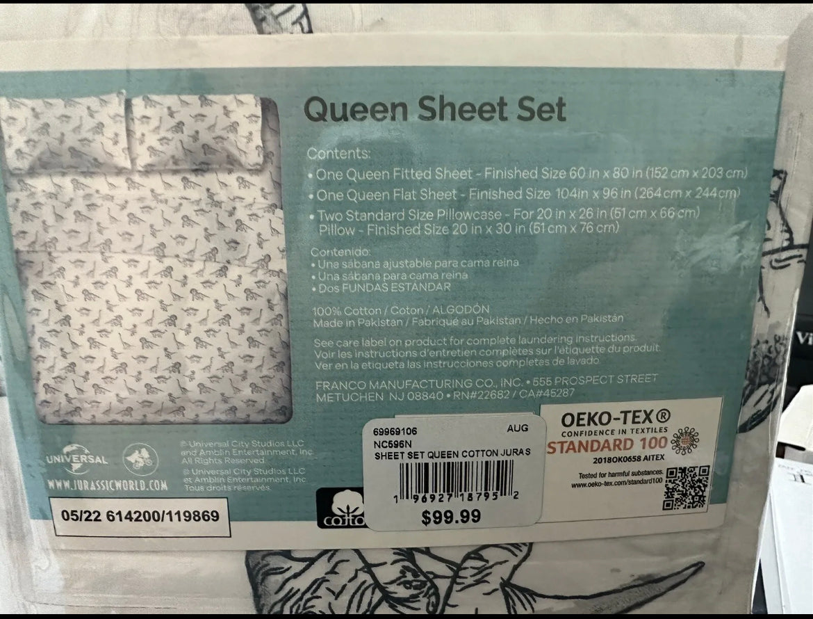 Jurassic World Park Dinosaur Queen 3 Piece Sheet Set Bedding for Kids Adults