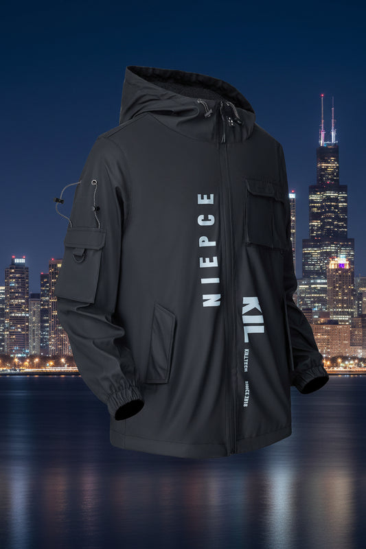 Niepce Black Leather Tactical Jacket Streetwear Techwear Coat with Hoodie {KillerJ1 Synthetic Leather Jacket}