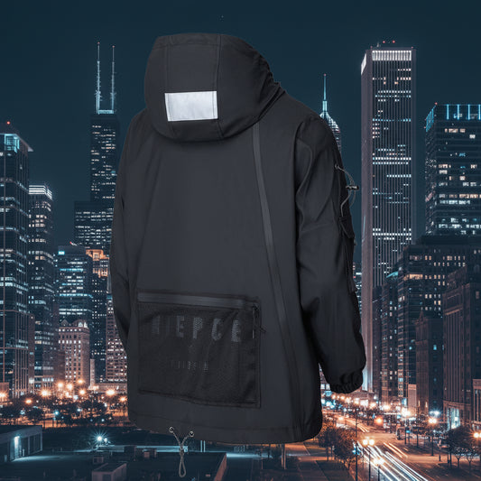 Niepce Black Leather Tactical Jacket Streetwear Techwear Coat with Hoodie {KillerJ1 Synthetic Leather Jacket}