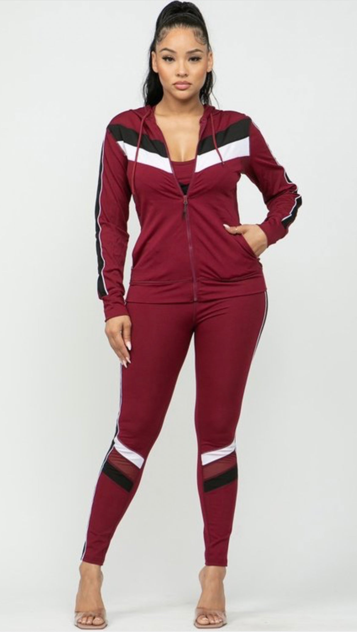 Tri Color 3 Piece Leggings Crop Top and Hoodie Jacket Set