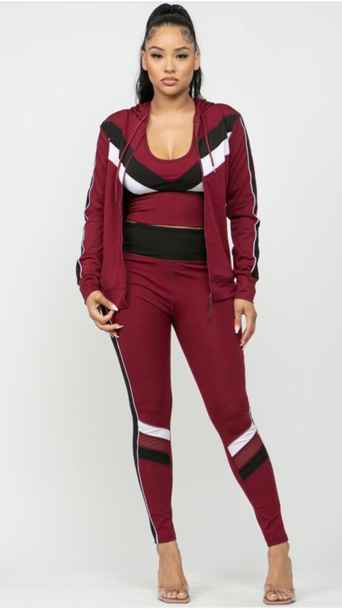 Tri Color 3 Piece Leggings Crop Top and Hoodie Jacket Set