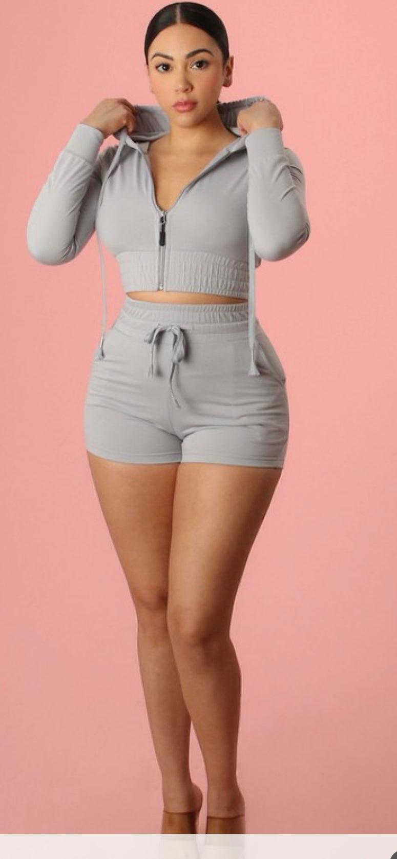 (Grey) 2 Piece Hoodie Short set