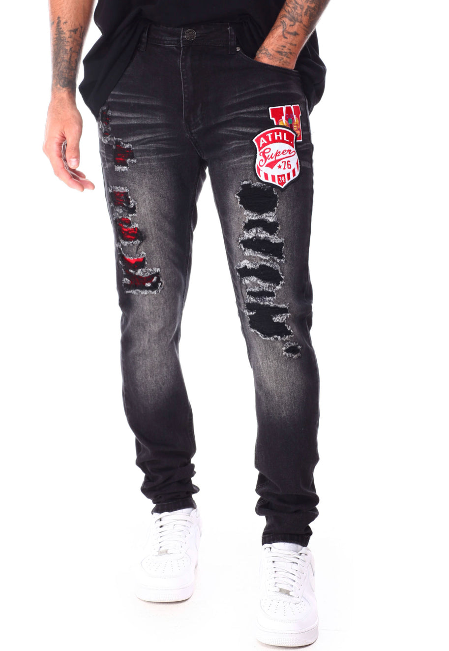 Switch Remarkable (damaged denim w/embroidery patch slim taper jeans)30-40