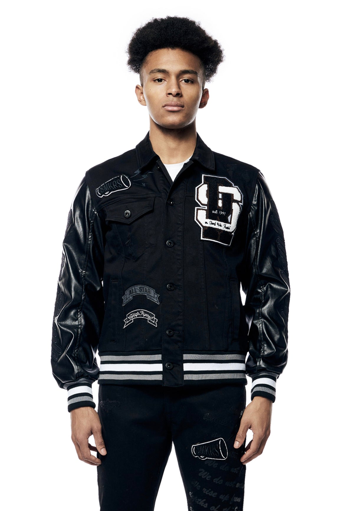 Smoke Rise (Varsity Vegan Leather & Denim Varsity Jacket)