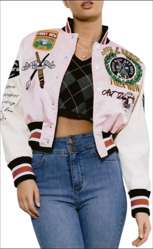 First Row women Pen & Brush Cropped Varsity Jacket