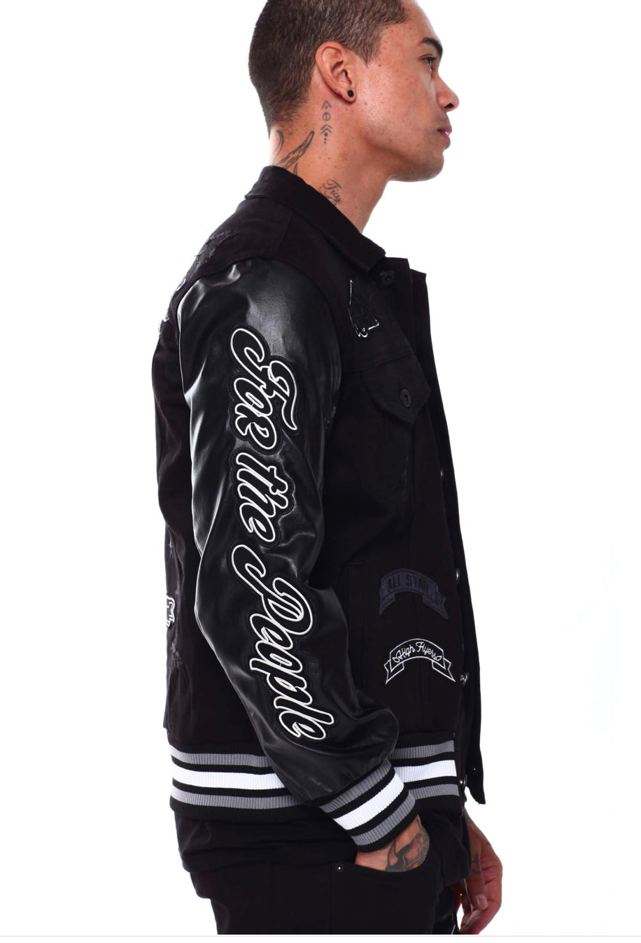 Smoke Rise (Varsity Vegan Leather & Denim Varsity Jacket)